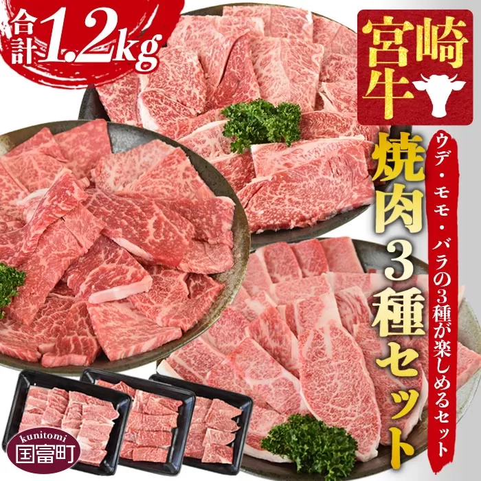 ＜宮崎牛 焼肉 3種セット（ウデ・モモ・バラ）合計1.2kg＞1か月以内に順次出荷