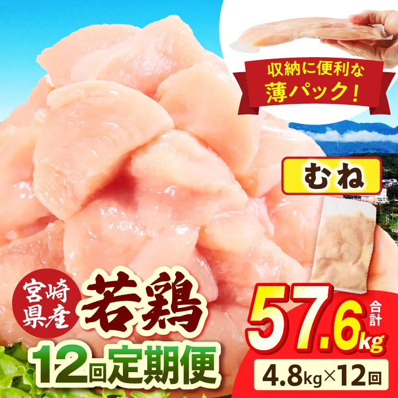 宮崎県産 若鶏切身 むね肉 4.8kg（300g×16袋）【12か月定期便】