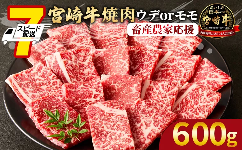 【畜産農家応援】＜宮崎牛 赤身焼肉 1パック（600g）＞入金確認後、7営業日以内に順次出荷【 国産 黒毛和牛 牛肉 牛 精肉 スライス ウデ肉 モモ肉 4等級以上 ブランド牛 赤身 旨味 贈答品 ギフト 贈り物 プレゼント 化粧箱 グルメ ミヤチク 】