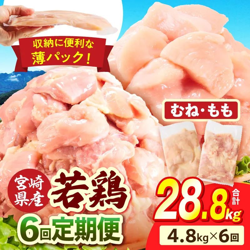 宮崎県産 若鶏切身 むね肉&もも肉 4.8kg（各300g×8袋）【6か月定期便】