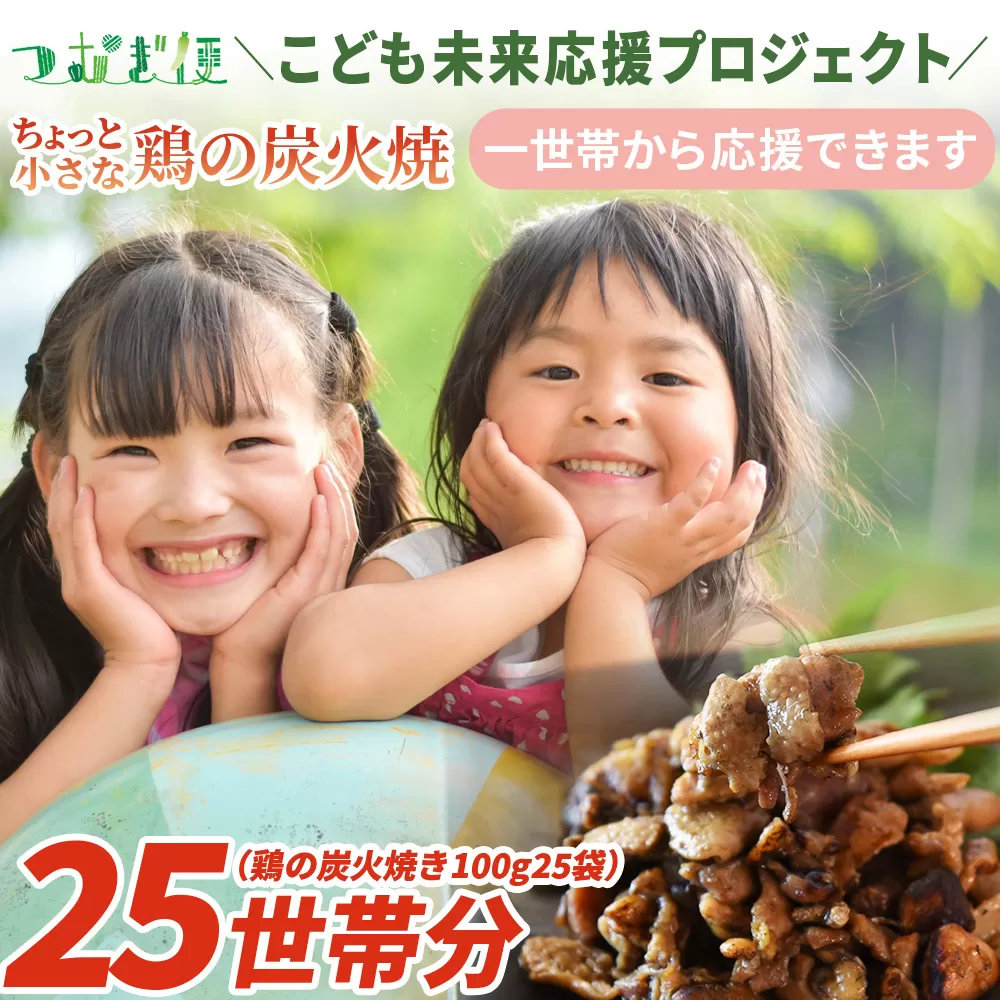 ＜こども未来応援プロジェクト　つむぎ便 ちょっと小さな鶏の炭火焼　25世帯分＞【 返礼品なし 選べる 数量 支援 ボランティア 国産 肉 鶏肉 手焼き レトルト 常温保存 非常食 保存食 おかず 惣菜 宮崎名物 炭火焼き レトルト 】