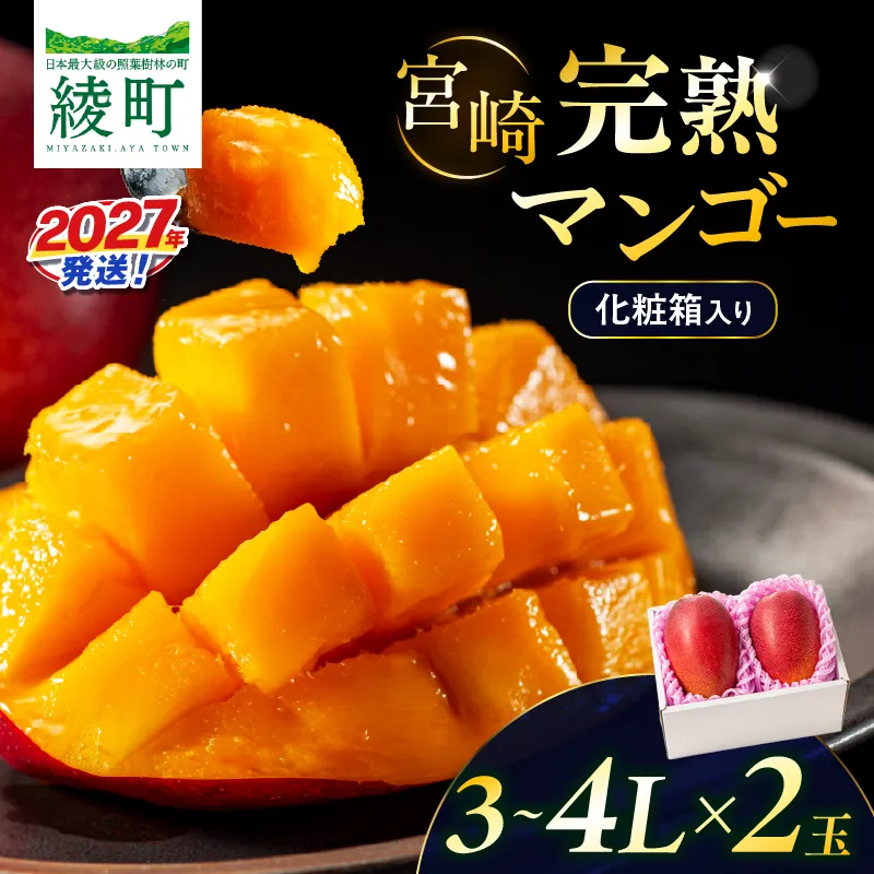 先行予約 完熟マンゴー 3~4L×2玉(化粧箱)マンゴー 宮崎 果物 フルーツ くだもの 2027年 国産 高級 マンゴージュース 南国フルーツ おすすめ デザート ギフト 贈り物 プレゼント 贈答 冷蔵 綾町 送料無料 【JA綾町】_A0114-2351