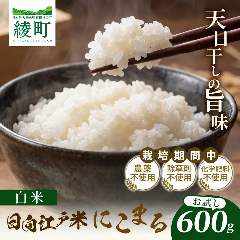 天日干し仕上げの日向江戸米（にこまる）お試し パック 計600g【白米】国産米 ブランド米 農薬不使用 化学肥料不使用 無農薬 ごはん ご飯 おにぎり お弁当 使い切りタイプ 和食 主食 人気 おすすめ 宮崎県 綾町 送料無料_A0038-017