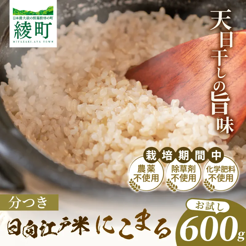 天日干し仕上げの日向江戸米（にこまる）お試し パック 計600g【分つき】国産米 ブランド米 農薬不使用 化学肥料不使用 無農薬 ごはん ご飯 おにぎり お弁当 使い切りタイプ 和食 主食 人気 おすすめ 宮崎県 綾町 送料無料_A0038-018