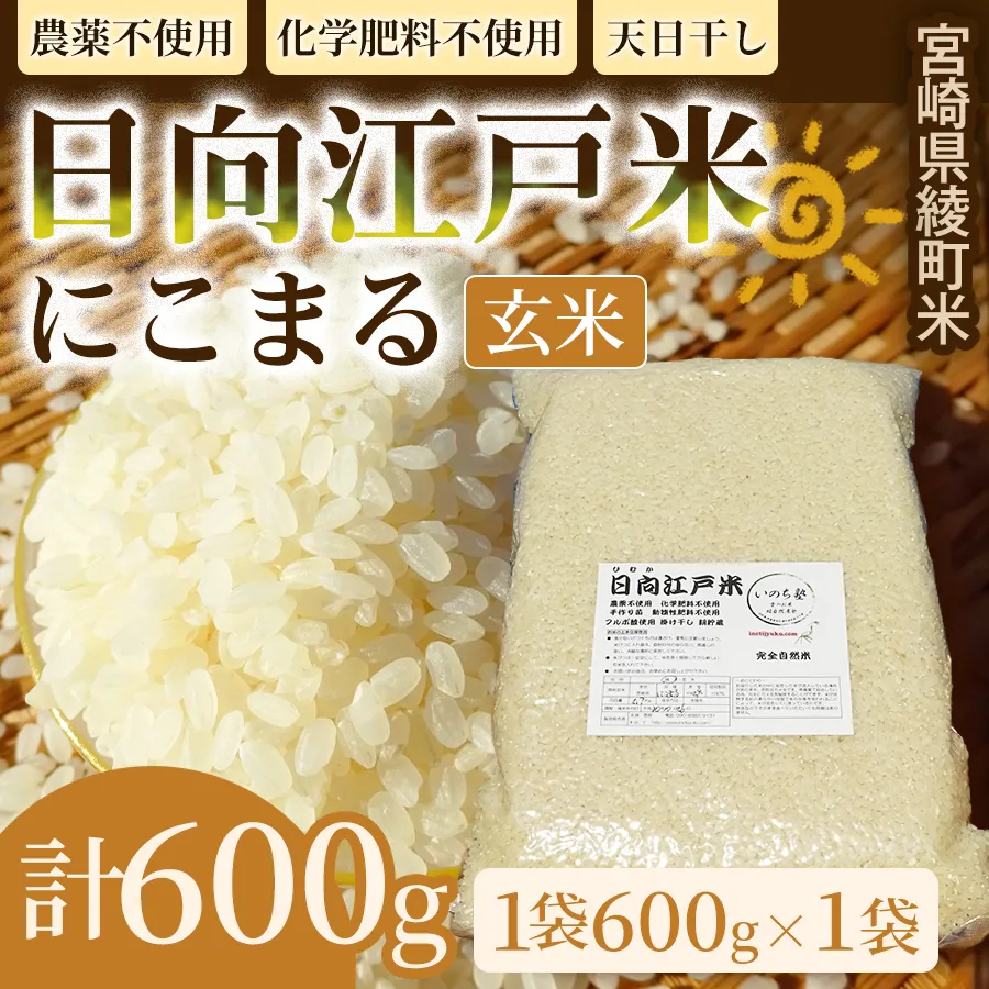 天日干し仕上げの日向江戸米(にこまる)お試し パック 計600g【玄米】国産米 ブランド米 農薬不使用 化学肥料不使用 無農薬 ごはん ご飯 おにぎり お弁当 使い切りタイプ 和食 主食 人気 おすすめ 宮崎県 綾町 送料無料_A0038-019