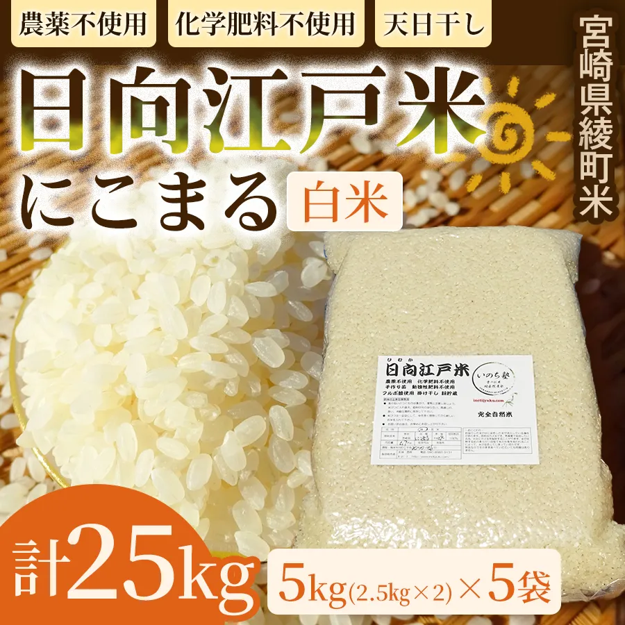 天日干しが引き出す お米の旨味 日向江戸米（にこまる）【白米】計25kg 国産米 ブランド米 農薬不使用 化学肥料不使用 無農薬 ごはん ご飯 おにぎり お弁当 冷めても美味しい もっちり食感 和食 主食 人気 おすすめ 宮崎県 綾町 送料無料_A0038-023