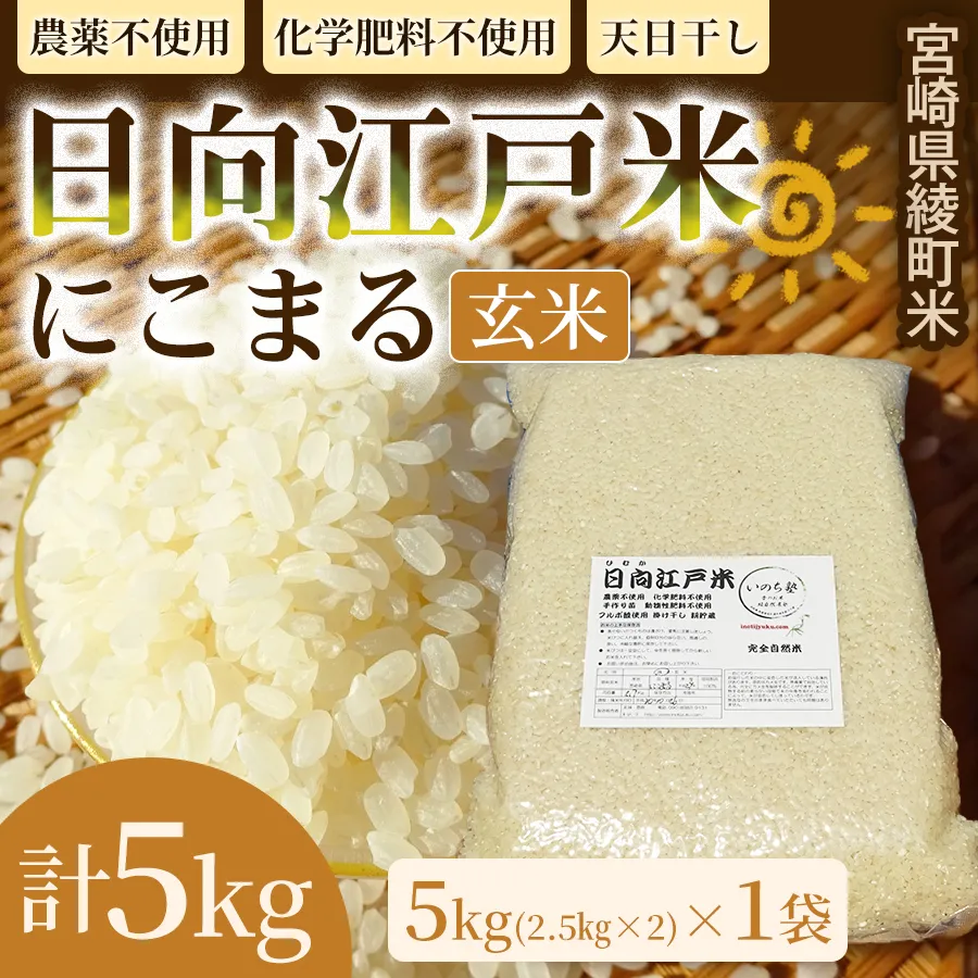 天日干しが引き出す お米の旨味 日向江戸米（にこまる）【玄米】計5kg 国産米 ブランド米 農薬不使用 化学肥料不使用 無農薬 ごはん ご飯 おにぎり お弁当 冷めても美味しい もっちり食感 和食 主食 人気 おすすめ 宮崎県 綾町 送料無料_A0038-029