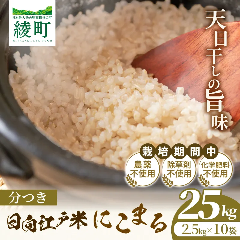 天日干しが引き出す お米の旨味 日向江戸米（にこまる）【分つき】計25kg 国産米 ブランド米 農薬不使用 化学肥料不使用 無農薬 ごはん ご飯 おにぎり お弁当 冷めても美味しい 精米したて 和食 主食 人気 おすすめ 宮崎県 綾町 送料無料_A0038-041