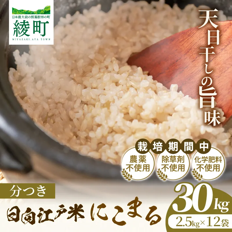 天日干しが引き出す お米の旨味 日向江戸米（にこまる）【分つき】計30kg 国産米 ブランド米 農薬不使用 化学肥料不使用 無農薬 ごはん ご飯 おにぎり お弁当 冷めても美味しい 精米したて 和食 主食 人気 おすすめ 宮崎県 綾町 送料無料_A0038-042