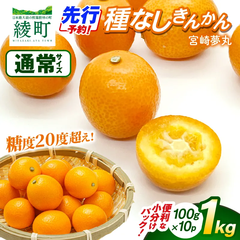 【先行予約】種なし きんかん「宮崎夢丸」 1kg （100g×10p）数量限定 種無し 果物 フルーツ くだもの 柑橘 金柑 プレミア おすすめ ギフト 贈り物 贈答 おやつ スイーツ デザート 糖度が高い 常温 産地直送 宮崎県 綾町 送料無料【JA綾町】_A0114-261