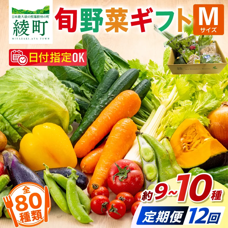 【12回定期便】綾町旬野菜ギフト〈 Mサイズ/約9-10種 〉2~3人分 産地直送 野菜セット 詰め合わせ 新鮮 有機栽培 旬 採れたて 野菜定期便 野菜 人参 トマト じゃがいも 玉ねぎ きゅうり さつまいも 芋 ねぎ 小松菜 大根 ほうれん草 キャベツ キノコ等 送料無料 【オーガニックのまち 宮崎県綾町】_A0004-1071