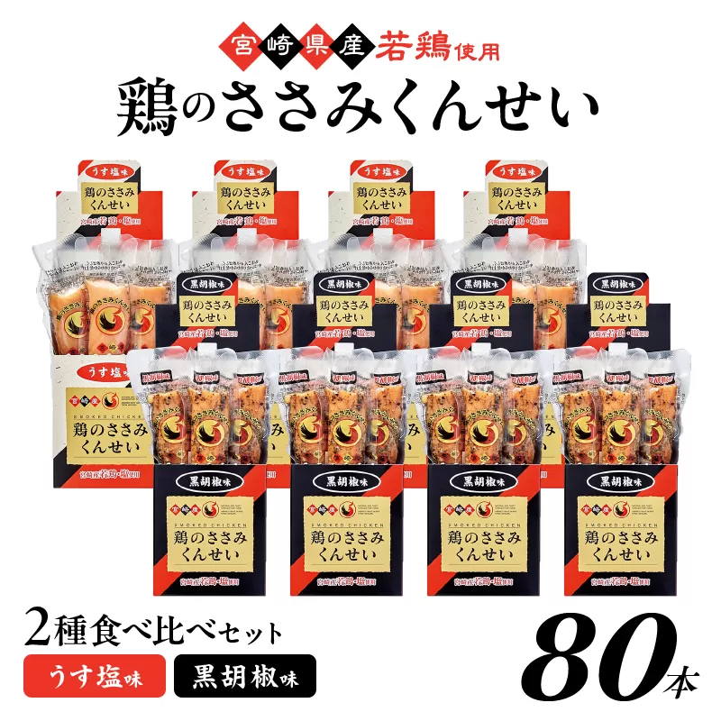 鶏のささみくんせい 2種食べ比べ 80本セット ＜うす塩・黒胡椒 ＞ おつまみ スモーク チキン 燻製