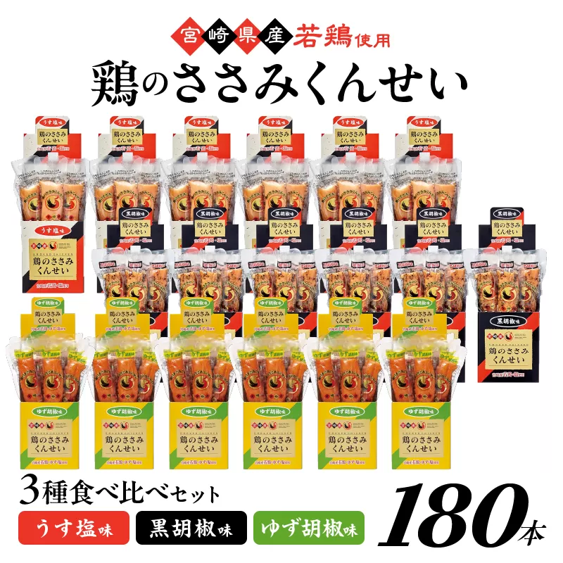 鶏のささみくんせい 3種食べ比べ 180本セット ＜うす塩・黒胡椒・ゆず胡椒 ＞ おつまみ スモーク チキン 燻製