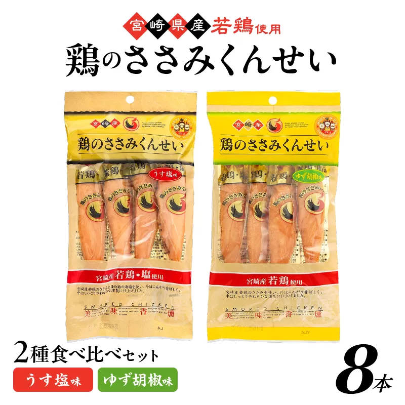 鶏のささみくんせい 2種食べ比べ 8本セット ＜うす塩・ゆず胡椒 ＞ おつまみ スモーク チキン 燻製