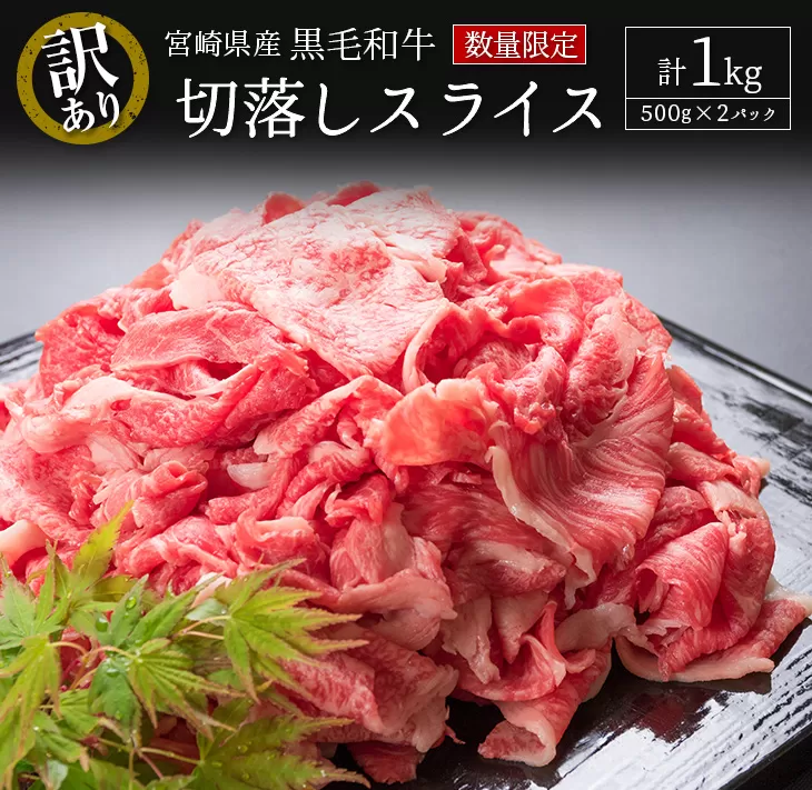 ［訳あり・数量限定］宮崎県産黒毛和牛 切落しスライス（500g×2パック）合計1kg【B491】