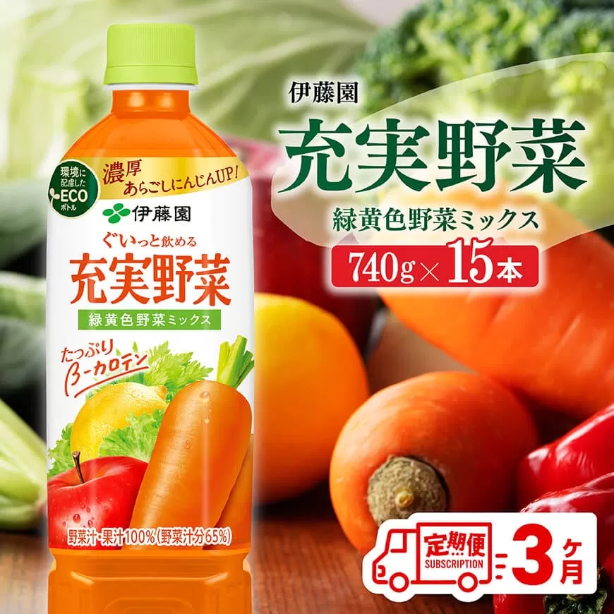 [定期便]充実野菜 緑黄色野菜ミックスペットボトル 740g×15本 3ヶ月定期便 伊藤園 野菜ジュース 全3回 健康 ヘルシー