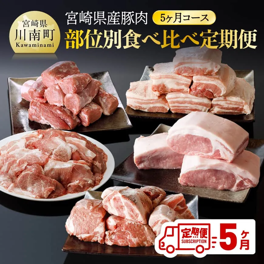 宮崎県産豚肉部位別食べ比べ定期便「5ヶ月コース」 宮崎県産 川南町産 肉 豚肉 定期便 ブロック 小間切れ バラ ロース ヒレ 肩ロース 送料無料