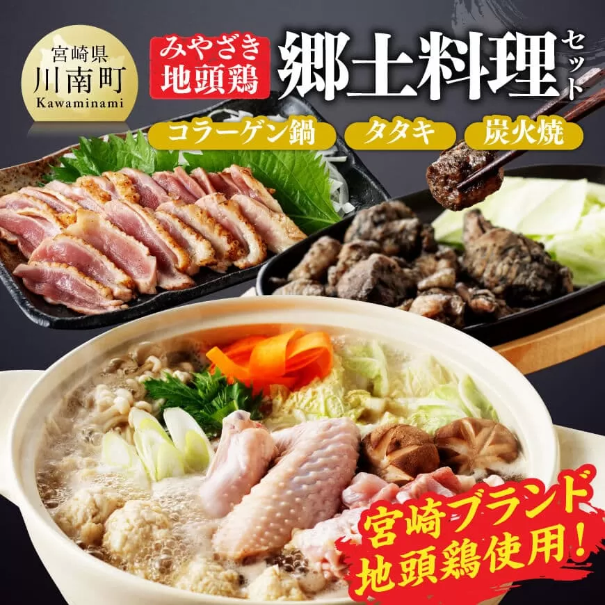 みやざき 地頭鶏　郷土料理(コラーゲン鍋・タタキ・炭火焼)セット 鶏 肉 鶏肉 国産 とり 九州産 鳥 宮崎県産 炭火焼 たたき タタキ 鍋 セット 