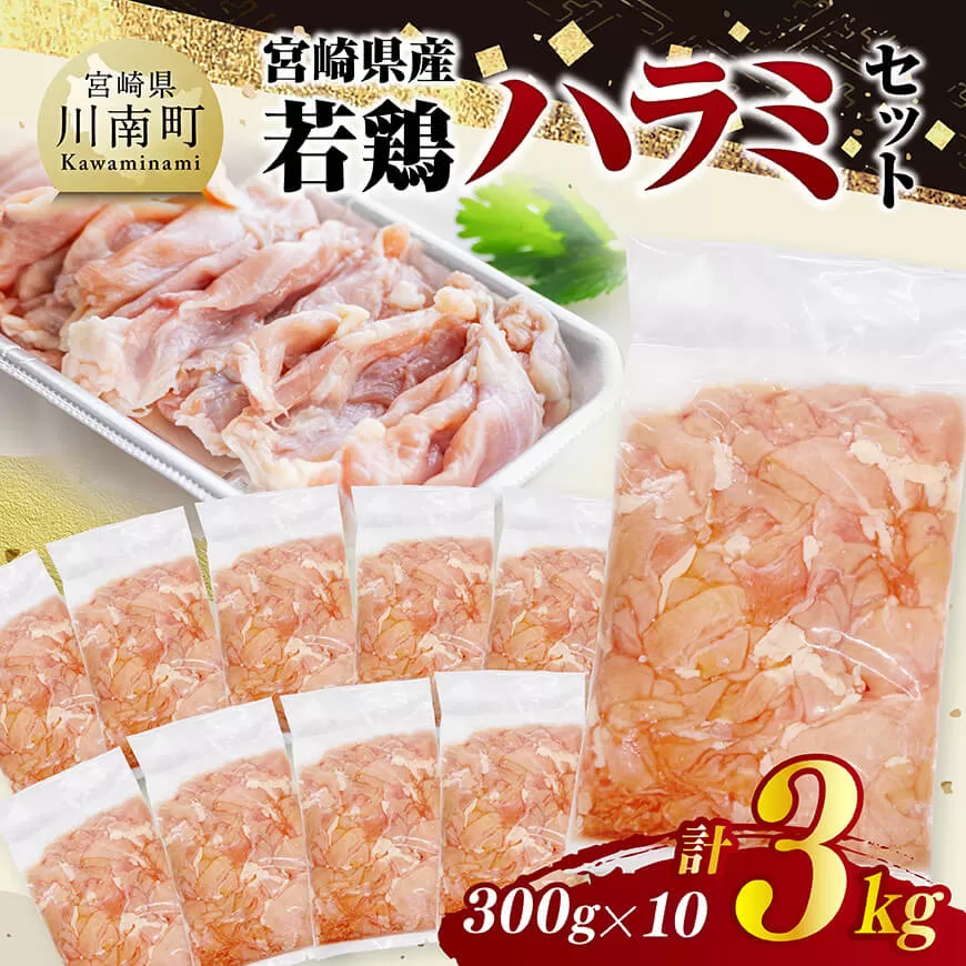 宮崎県産若鶏 ハラミ3kg(300g×10) 鶏肉 鶏 ハラミ 肉 宮崎県産 小分け パック 送料無料