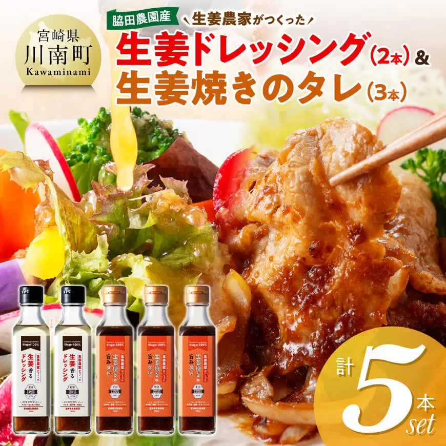 脇田農園産　生姜農家が作った生姜ドレッシング2本＆生姜焼きのタレ3本　計5本セット 生姜 ショウガ 国産 宮崎県産 九州産 川南町産 農家直送 しょうが 生姜焼きのたれ ドレッシング
