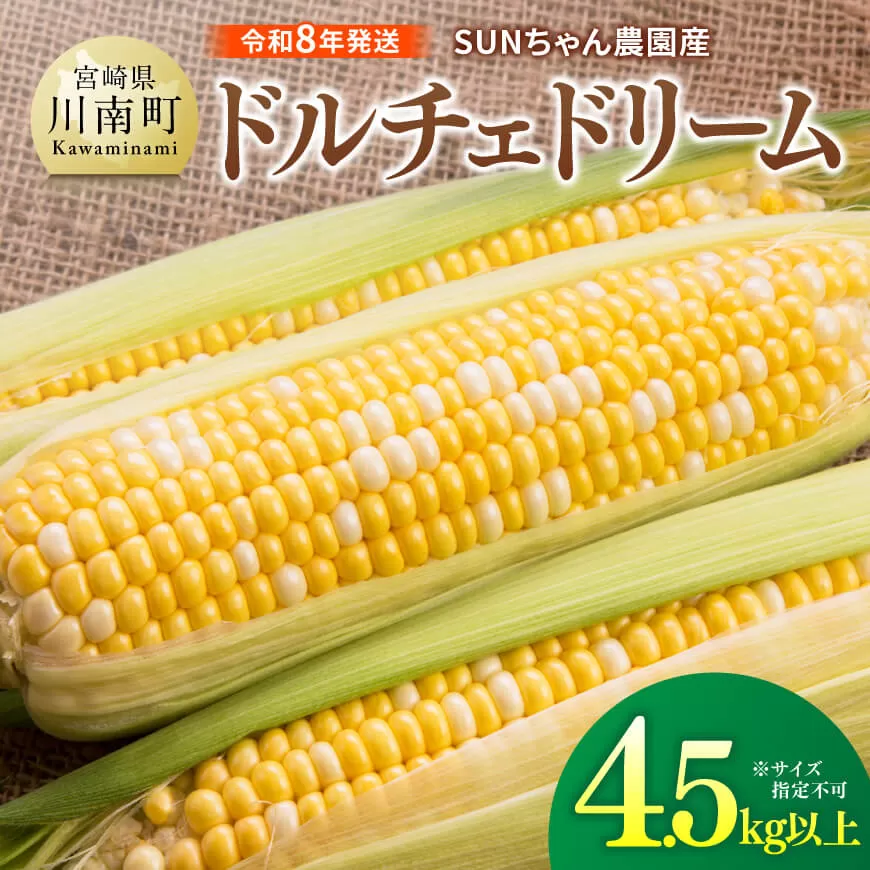 【令和８年発送】SUNちゃん農園産「ドルチェドリーム4.5kg以上（サイズ指定不可）」 とうもろこし スイートコーン トウモロコシ スィートコーン 令和8年発送 数量限定 期間限定 野菜