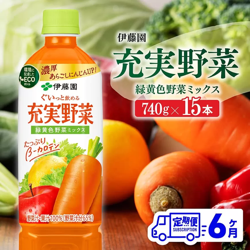 【 6ヶ月定期便】充実野菜 緑黄色野菜ミックスペットボトル 740g×15本 伊藤園 野菜ジュース 全６回 健康 ヘルシー