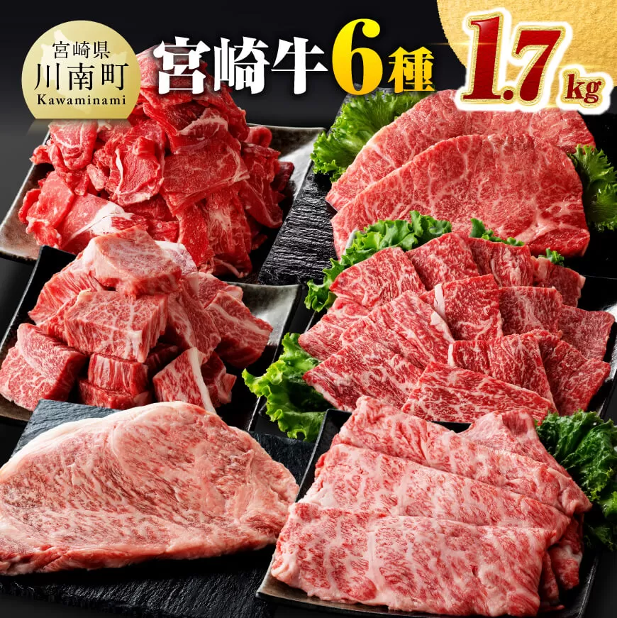 宮崎牛6種 詰め合わせ 1.7kg [ 肉 牛肉 宮崎牛 黒毛和牛 ロースステーキ ウデ 肩ロース チマキ ネック カルビ 焼肉 ミヤチク ]