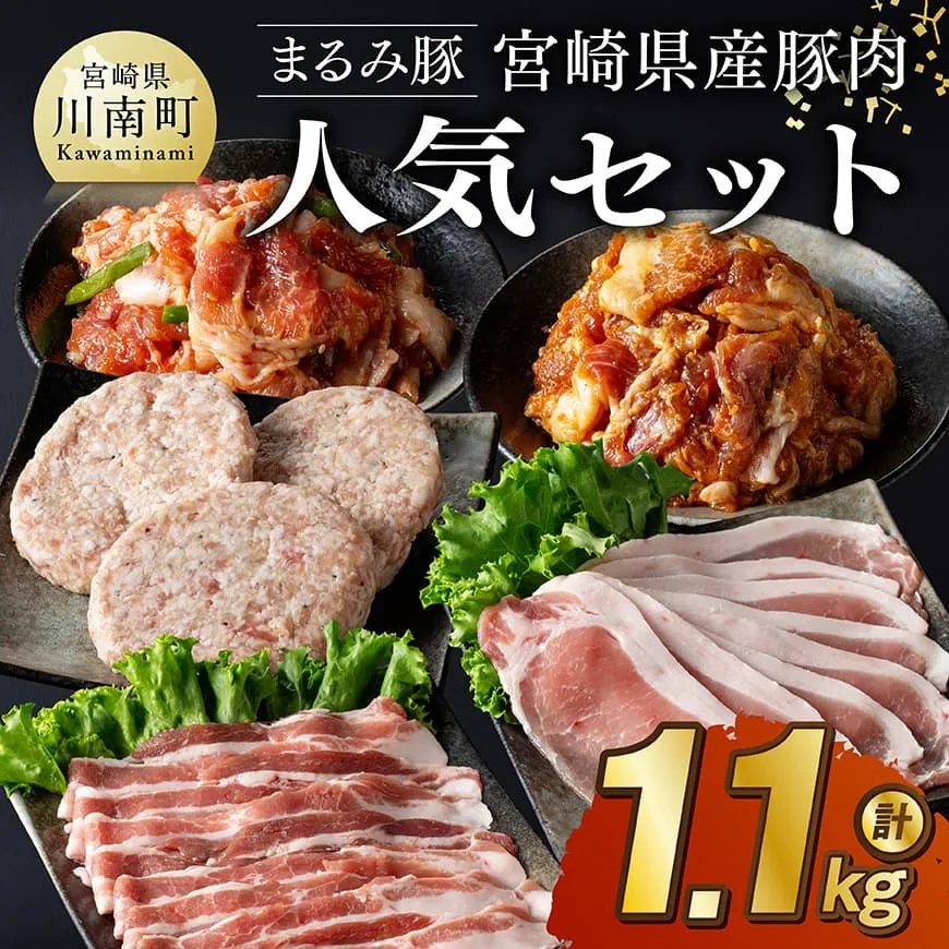 「まるみ豚」宮崎県産豚肉　人気セット　計1.1kg  豚肉 豚 肉 国産 川南町 ウデ モモ ハンバーグ ローススライス バラスライス
