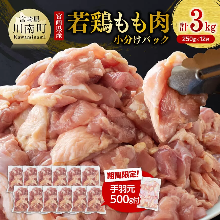 【令和8年2月発送】小分け 宮崎県産若鶏　もも肉計3kg（250g×12袋）＋手羽元500g 鶏 肉 鶏肉 国産 モモ 手羽元 九州産 鳥 小分け 使いやすい 便利