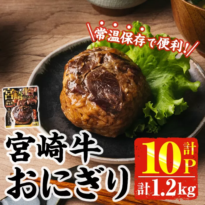 ＜2週間以内発送！＞ 宮崎牛 おにぎり (計1.2kg・120g×10P) 牛肉 ブランド牛 お弁当 レンジアップ 小分け 湯煎 個包装 おつまみ レトルト 常温 保存 ご当地 簡単調理【AP-79】【株式会社 日向屋】