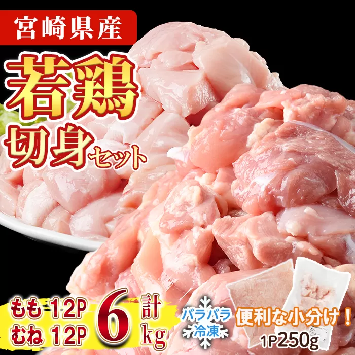 ＜先行予約受付中！2026年4月中に発送予定＞鶏肉 もも・むねセット 小分け 個別凍結(計6kg もも250g×12P むね250g×12P) とり肉 切身 カット済 IQFカット 国産 宮崎県産 冷凍 便利 【NK-18】【株式会社南九フーズ】