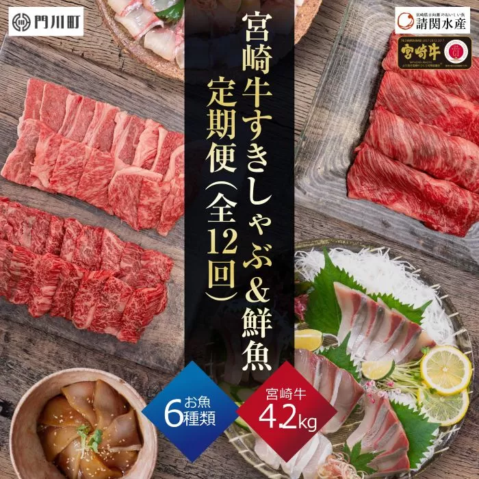 【北海道・離島配送不可】＜定期便・全12回(連続)＞宮崎牛すきしゃぶと鮮魚のお楽しみ定期便！牛肉 精肉 お肉 海鮮 すき焼き 焼肉 しゃぶしゃぶ 肩ロース 赤身 霜降り サーロイン ブリ シマアジ 漬け丼 真鯛 カンパチ ヒラメ お刺身【AP-41】【日向屋】