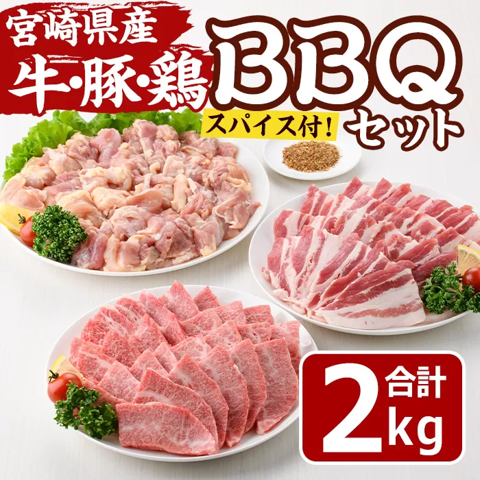 宮崎県産 牛・豚・鶏 BBQ セット(合計2.5kg・ スパイス 小袋付) 宮崎牛 豚バラ 鶏モモ もも 焼肉 焼き肉 バーベキュー アウトドア バラ 豚 肉 国産 冷凍 小分け 宮崎県 門川町【MF-72】【エムファーム】