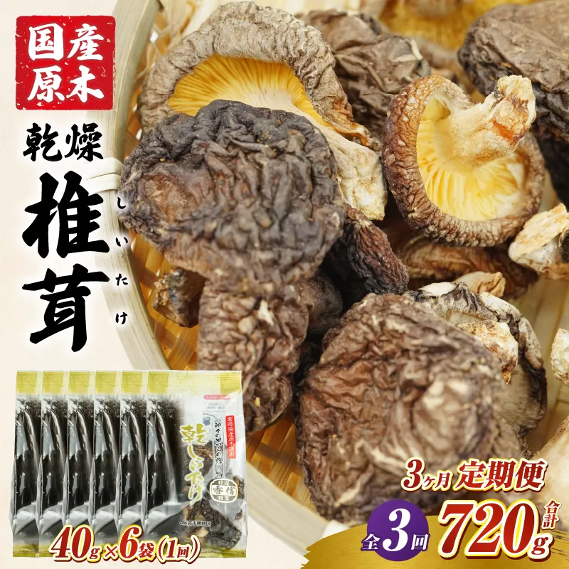 【3ヶ月定期便】 乾燥しいたけ 240g（40g×6袋）×3回 720g しいたけ 定期便 定期 定期的 国産 宮崎県産 原木 栽培 乾燥 干し椎茸 原木椎茸 国産しいたけ 小分け 袋 小袋 普段使い 使い勝手 使い切り 肉厚 旨み 香り グルメ お取り寄せ 宮崎県 高千穂町 _Tk004-t042