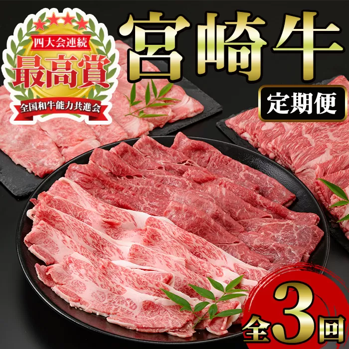 ＜定期便・3回(連続)＞宮崎牛・定期便(3ヶ月)【MI001】【(株)ミヤチク宮崎加工センター】