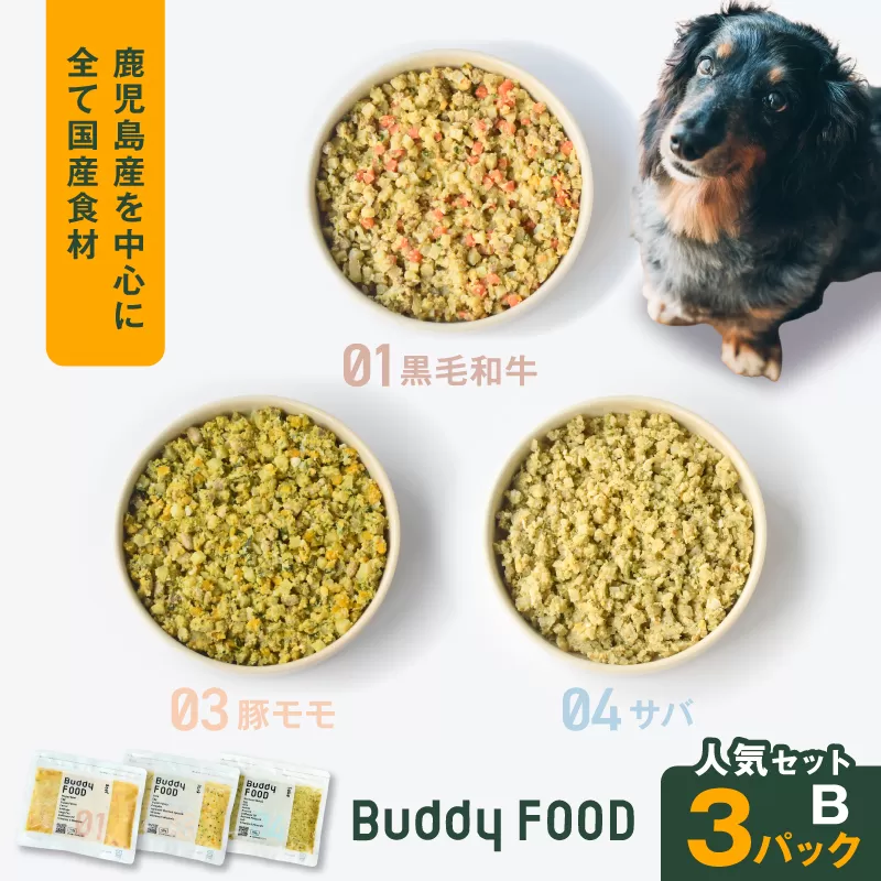 Buddy FOOD 人気セットB 3種3パック(黒毛和牛、豚モモ、サバ)