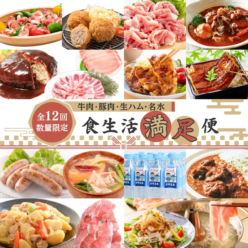 【全12回・数量限定】牛肉・豚肉・生ハム・名水「食生活満足便」