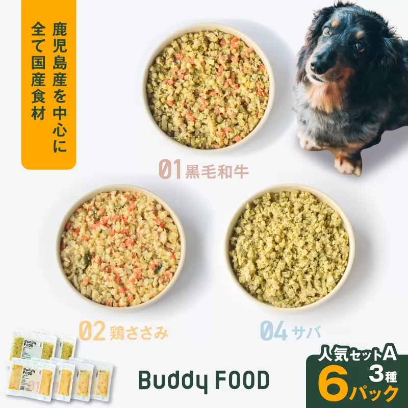 Buddy FOOD 人気セットA 3種6パック(黒毛和牛、鶏ささみ、サバ)