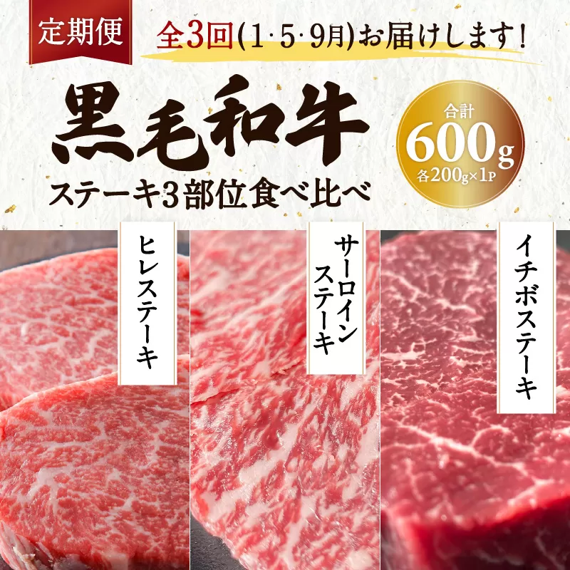 【全３回】黒毛和牛ステーキ3部位食べ比べ
