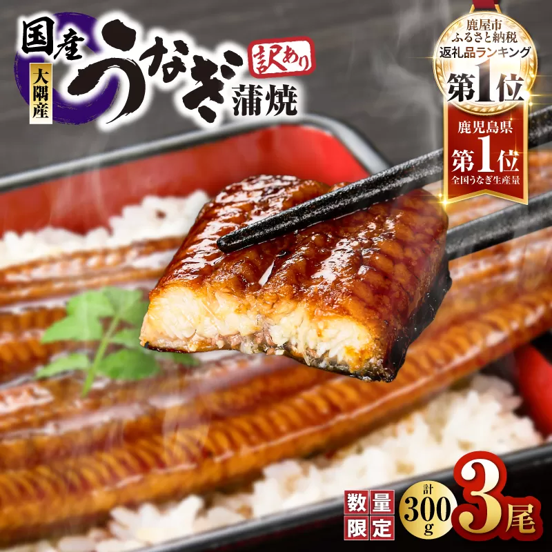 【訳あり】【数量限定】鹿児島県大隅産うなぎ蒲焼き3尾セット（計300g）