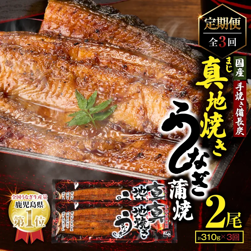 1722-2 【全3回定期便】大人気！鯉家の絶品蒲焼「真地焼きうなぎ（2尾）」310g【国産・手焼き備長炭】