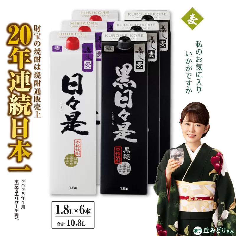 麦焼酎 紙パック 6本『日々是（麦）』『黒日々是（麦）』温泉水仕立ての焼酎