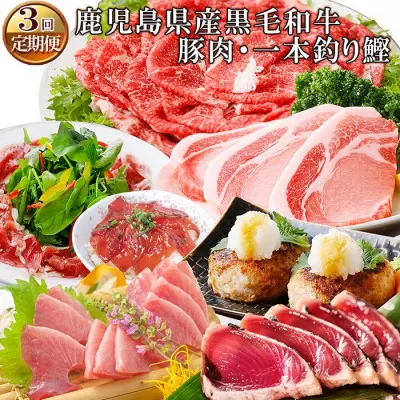 定期便(3ケ月配送)鹿児島県産黒毛和牛・豚肉・一本釣りかつお　LL-6038【1473524】ふるさと納税 定期便 牛肉 豚肉 黒毛和牛 黒豚 ハンバーグ カツオ タタキ 刺身 焼肉 すき焼き テキカツ 海鮮丼