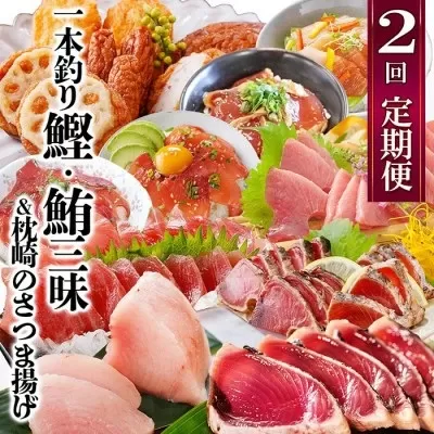定期便(2回配送)一本釣りかつお・まぐろ三昧　(さつまあげも)DD-6005【1166750】 _ ふるさと納税 定期便 ビンチョウマグロ カツオ さつま揚げ さしみ タタキ 丼ぶり 魚介 海鮮 ニンニク 生姜 炭焼 ゆず