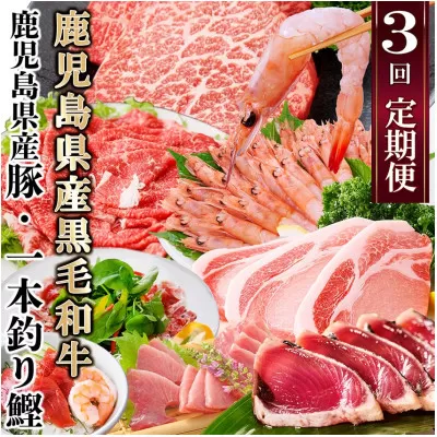 定期便(3ケ月配送)鹿児島県産黒毛和牛・豚肉・一本釣りかつお LL-6038[1473524] _ ふるさと納税 定期便 牛肉 豚肉 タカエビ 海老 黒毛和牛 黒豚 ハンバーグ カツオ タタキ 刺身 焼肉 すき焼き テキカツ 海鮮丼