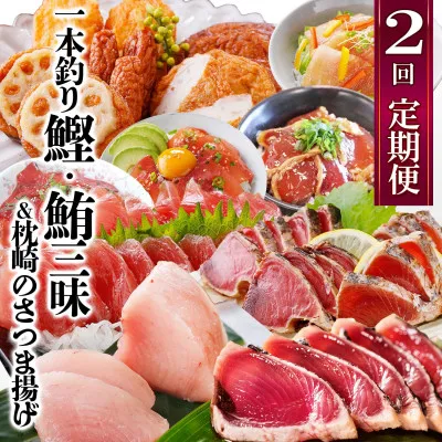 定期便(2回配送)一本釣りかつお・まぐろ三昧　(さつまあげも)DD-6005【1166750】 _ ふるさと納税 定期便 ビンチョウマグロ カツオ さつま揚げ さしみ タタキ 丼ぶり 魚介 海鮮 ニンニク 生姜 炭焼 ゆず