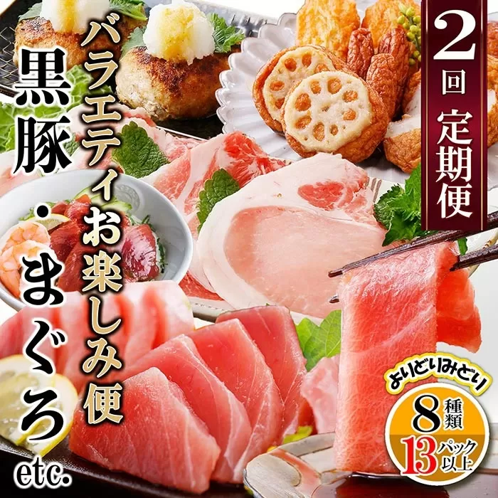 ＜ふるさと納税＞定期便2回配送　お楽しみバラエティ定期便(鹿児島県産黒豚・鮪etc)DD-6008【1486572】 _ ふるさと納税 定期便 豚肉 黒豚 カツオ タタキ マグロ 中トロ 赤身 刺身 焼肉 ロース ハンバーグ さつま揚げ 海鮮丼 漬け丼