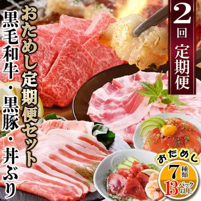 ＜ふるさと納税＞定期便2回配送　鹿児島県産黒毛和牛・黒豚・漬丼　お試し定期便セット　DD-6007【1486099】 _ ふるさと納税 定期便 牛肉 豚肉 黒毛和牛 黒豚 カツオ マグロ 焼肉 ホルモン ハンバーグ 海鮮丼 漬け丼 お試し