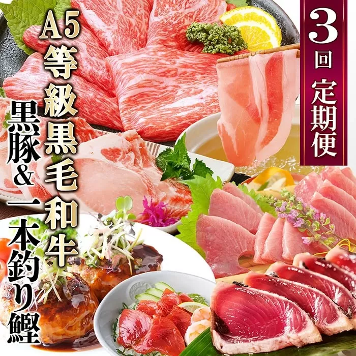 定期便(3回配送)黒毛和牛・黒豚・カツオ　LL-6036【1483594】ふるさと納税 定期便 牛肉 豚肉 A5等級 黒毛和牛 黒豚 すき焼き しゃぶしゃぶ ハンバーグ 生ハム まぐろ カツオ タタキ 刺身 鹿児島県