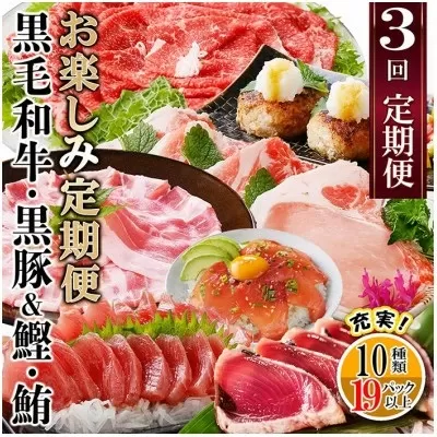 ＜ふるさと納税＞定期便3回配送　お楽しみ定期便(黒毛和牛・黒豚・かつお・まぐろ)LL-6014【1485110】 _ ふるさと納税 定期便 牛肉 豚肉 黒毛和牛 A5等級 黒豚 カツオ タタキ マグロ しゃぶしゃぶ 焼肉 ミンチ スライス すき焼き しゃぶしゃぶ 海鮮丼 刺身